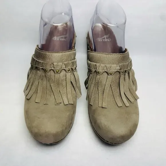 Dansko Deni Taupe Leather Fringe Studded 3” Heel Mule Clog Womens Size 38 US 8 - Picture 5 of 11